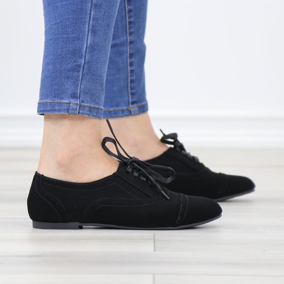 Black Faux Nubuck Lace up Flat Heel Oxford Style Shoes - Picture 4 of 12